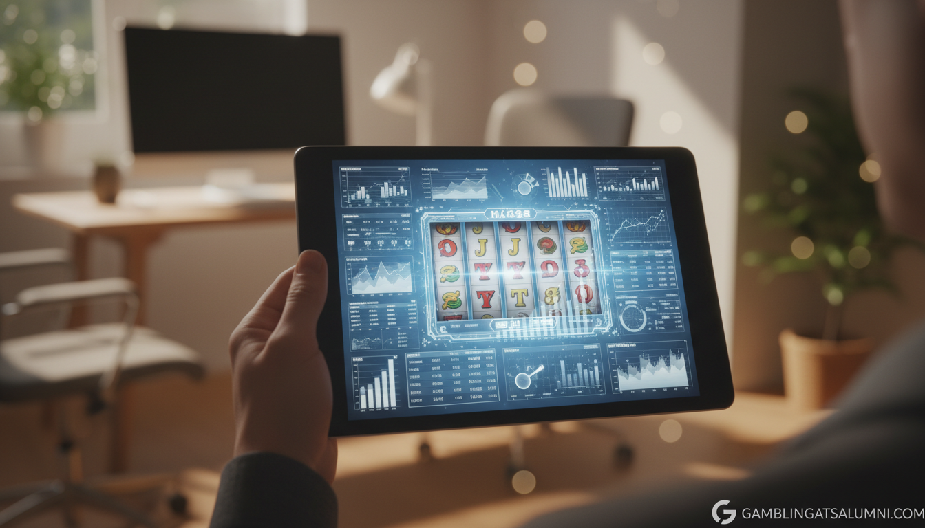 Ilustracja przedstawiająca gracza analizującego statystyki slotów na tablecie