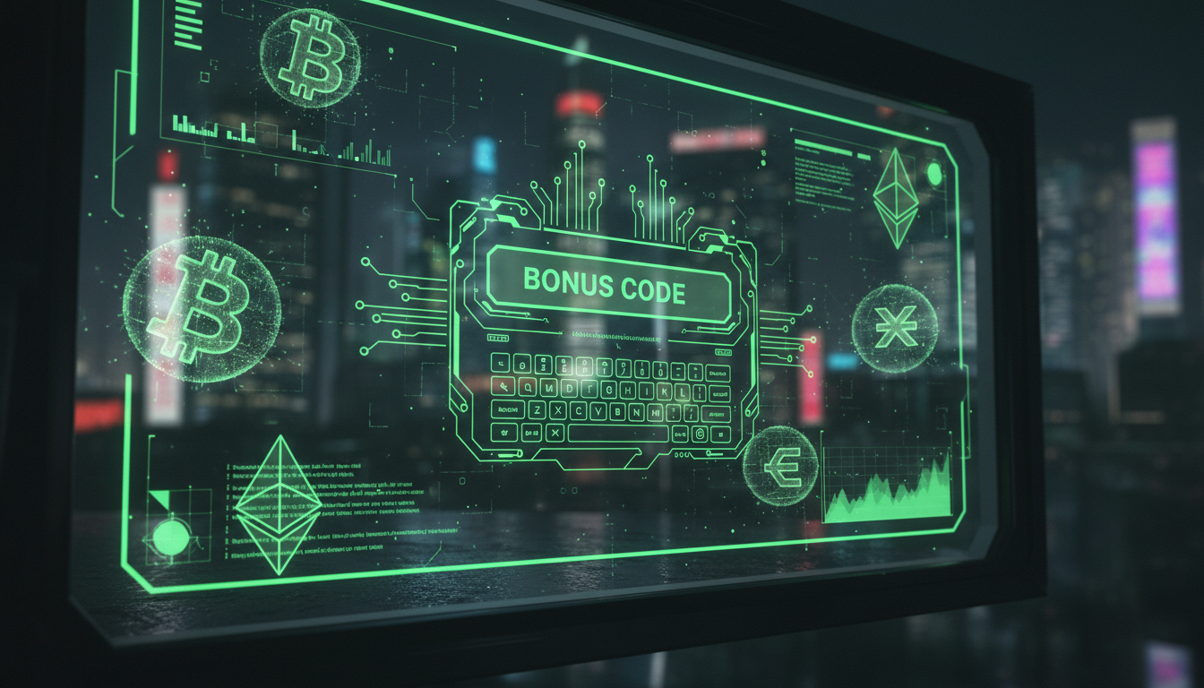 Futuristic neon interface of BC.Game showing the bonus code input field and crypto coins
