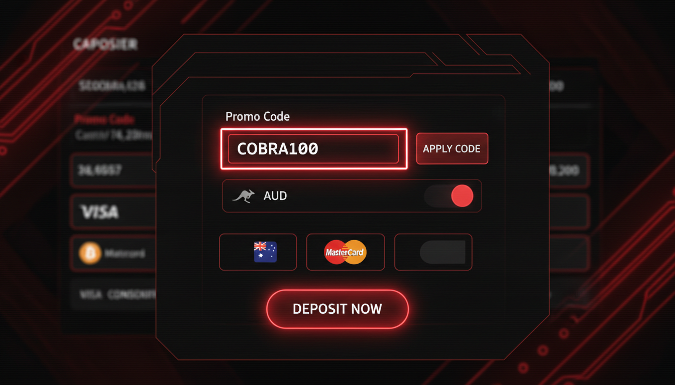 Screenshot of Cobra Casino cashier section showing where to enter the bonus code COBRA100