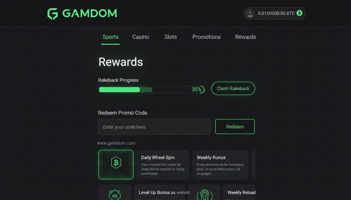 Gamdom user dashboard displaying the Rewards tab with active 15% rakeback countdown