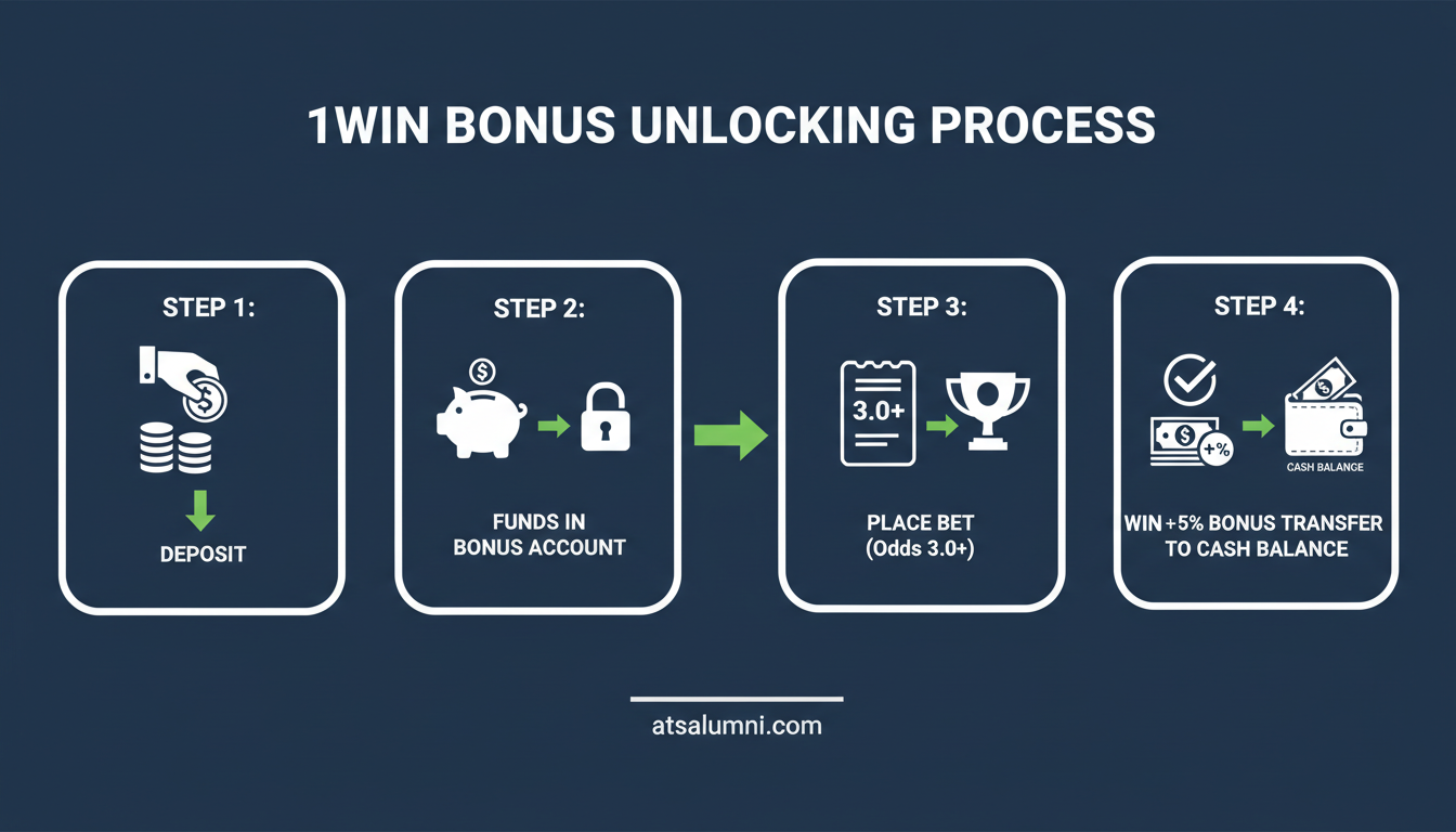 Infographic showing how 1win bonus funds move to main balance via betting activity