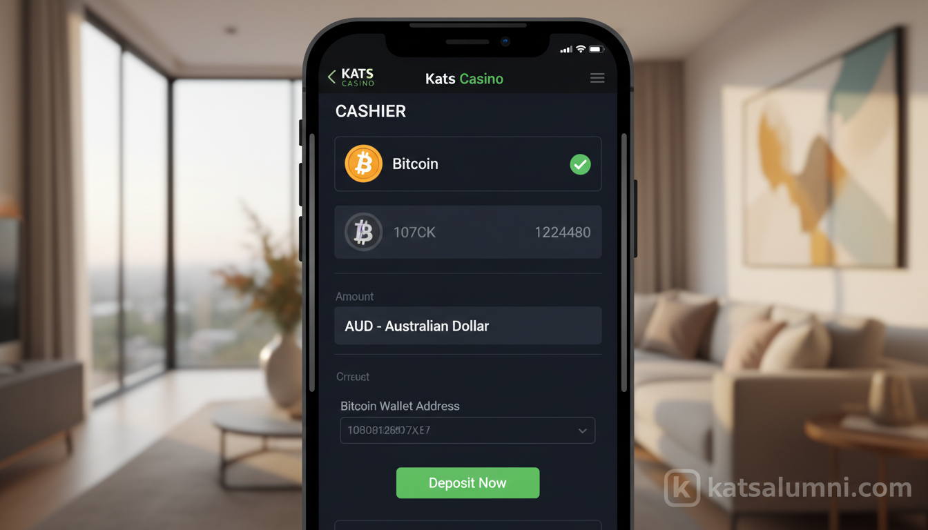 Kats Casino mobile banking interface showing Bitcoin deposit option