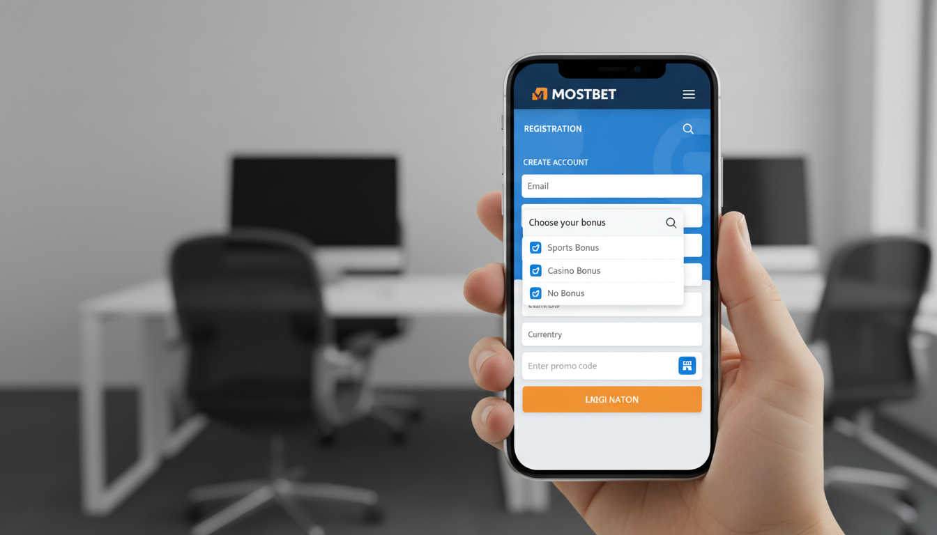 Smartphone displaying Mostbet registration screen with bonus selection options