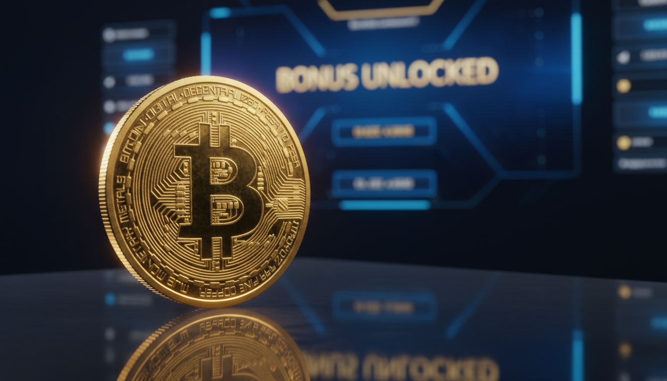 A high-end 3D render of a physical Bitcoin coin next to a digital dashboard showing a bonus unlock notification