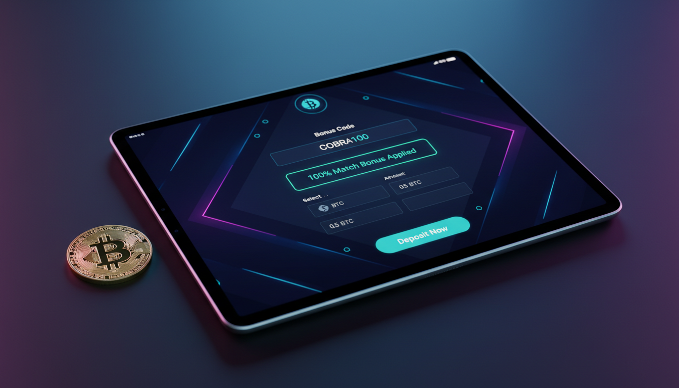 A tablet showing a casino bonus code entry for a crypto deposit