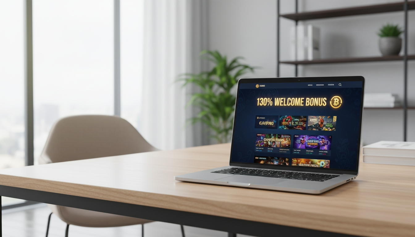 A high-end laptop on a modern desk showing a cryptocurrency casino interface with a bonus activation screen