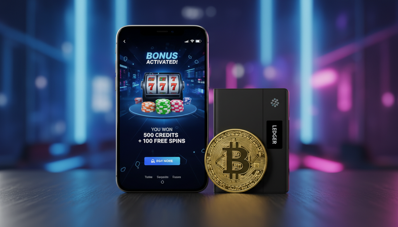 Smartphone screen showing a successful Bitcoin casino bonus activation alongside a physical Bitcoin coin