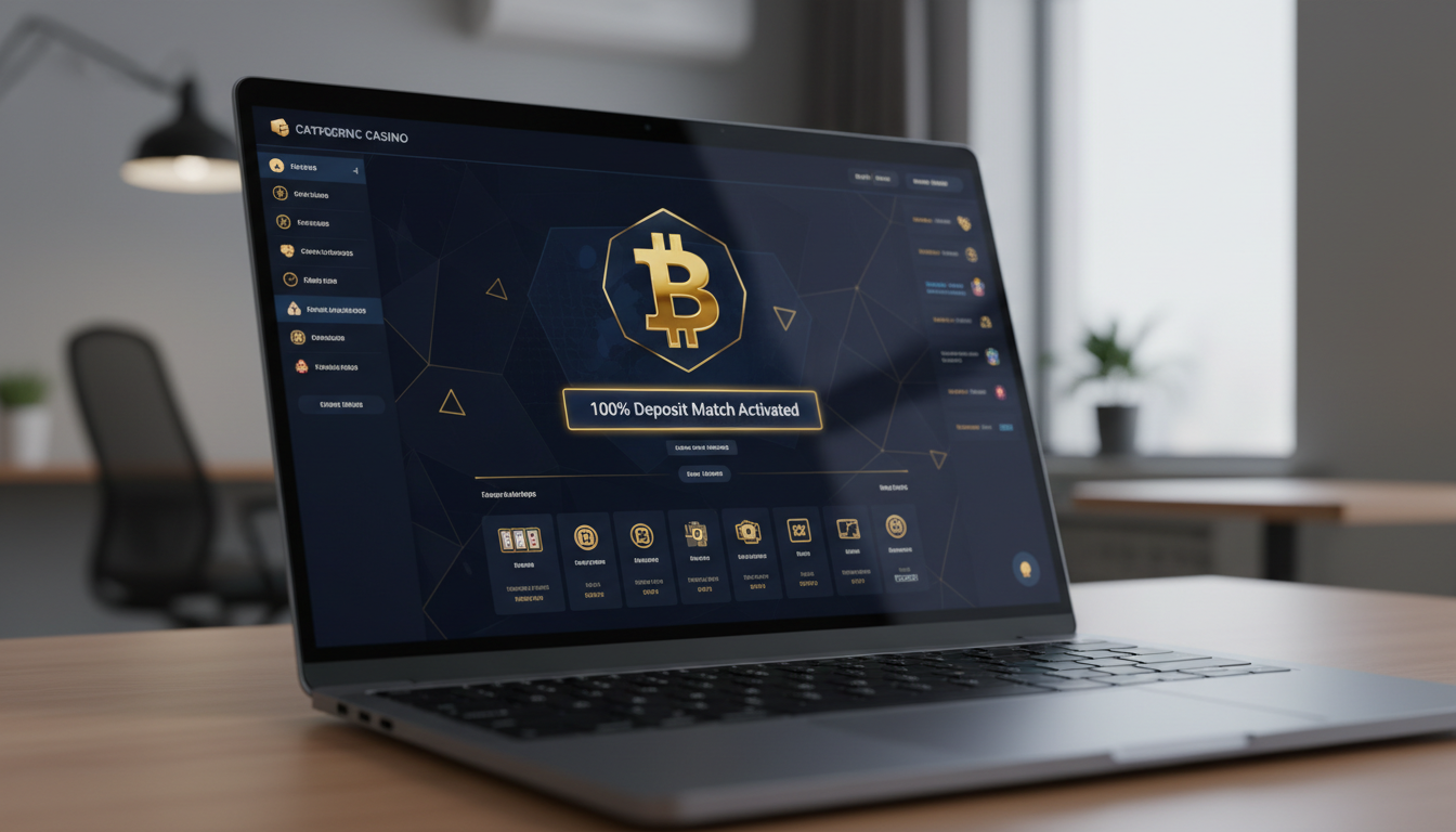 Digital display showing a cryptocurrency casino welcome bonus activation