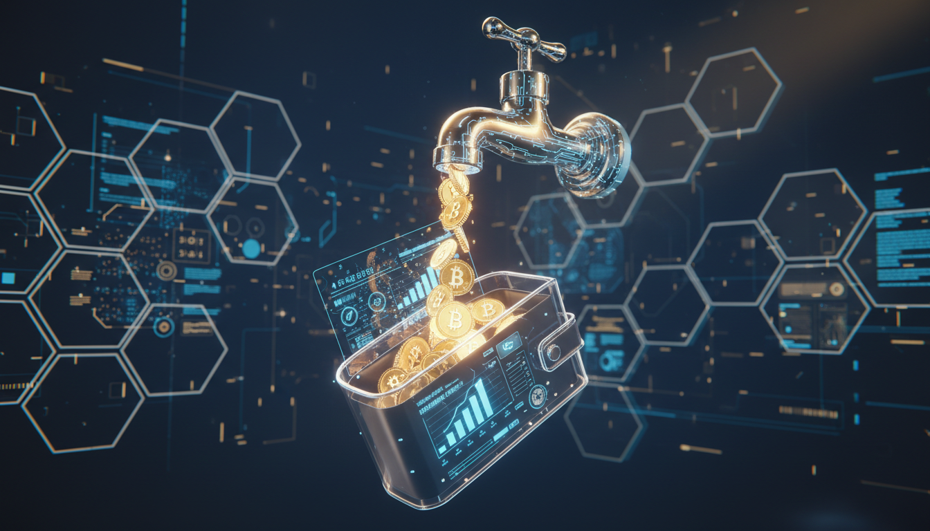 A digital 3D render of a cryptocurrency faucet dripping coins into a wallet