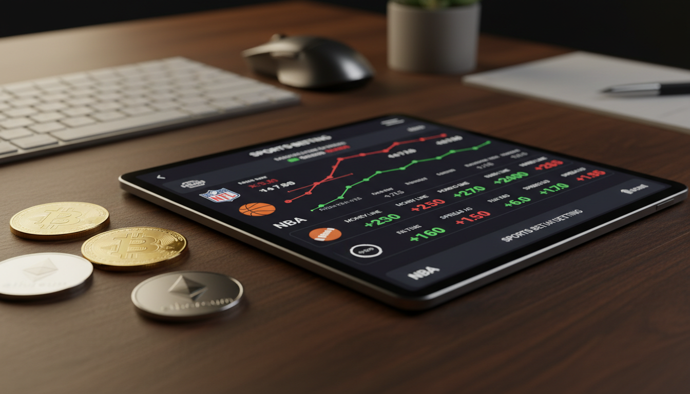 Modern digital sports betting dashboard on a tablet with Bitcoin coins on a desk