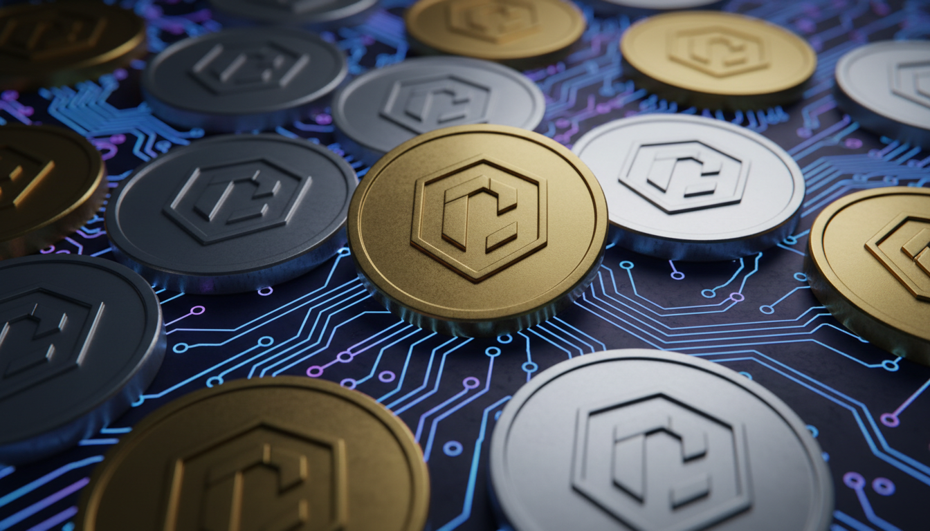 Futuristic 3D visualization of digital TFS tokens on a glowing blockchain circuit board