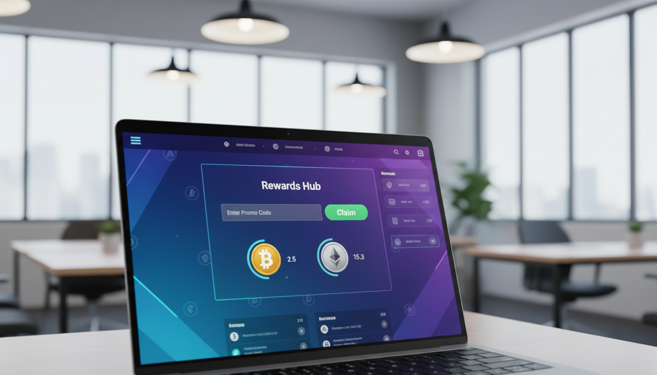 Digital dashboard showing cryptocurrency rewards and a rakeback activation field on a laptop screen