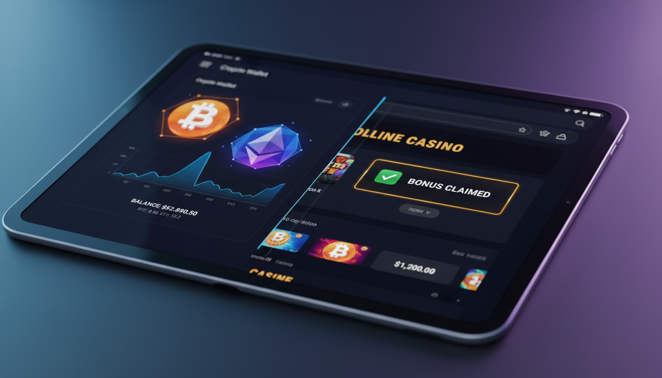 A high-end digital wallet interface showing cryptocurrency balances alongside a sleek online casino dashboard
