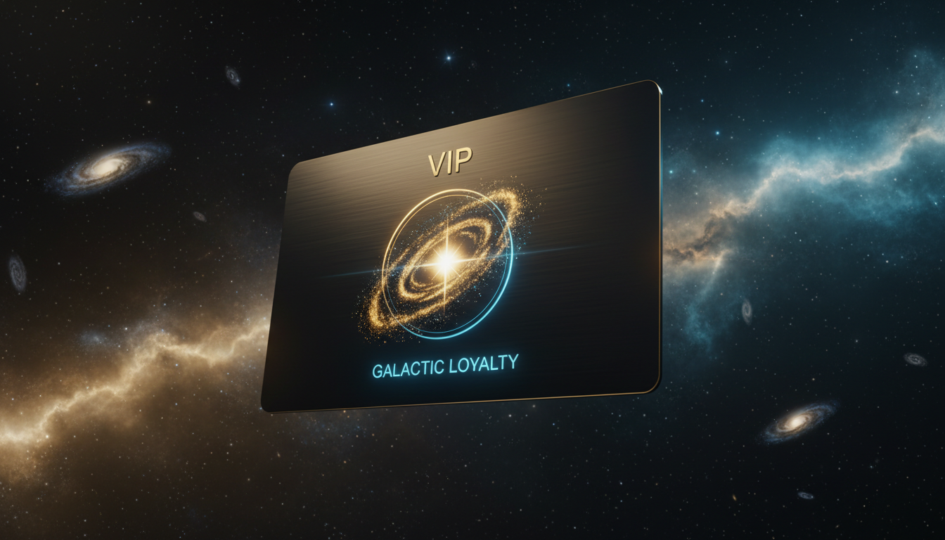 A premium VIP loyalty card featuring the mBit Stellar Club logo with a galactic background