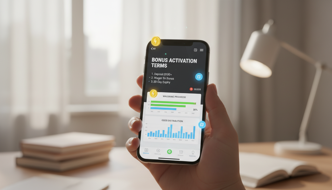 A hand holding a modern smartphone displaying a digital gambling interface with wagering requirements and bonus terms