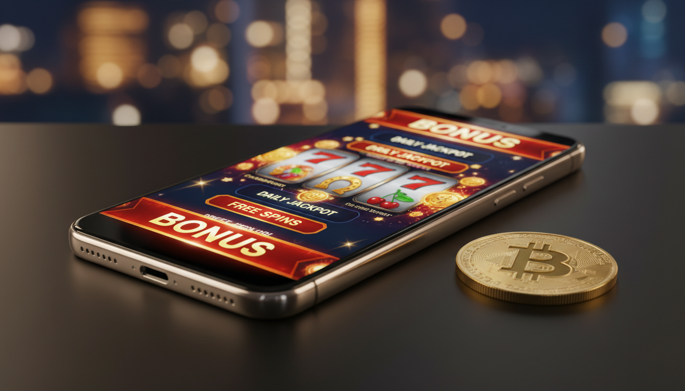 A high-end smartphone displaying a vibrant online casino interface with promotional bonus banners on a sleek modern desk.