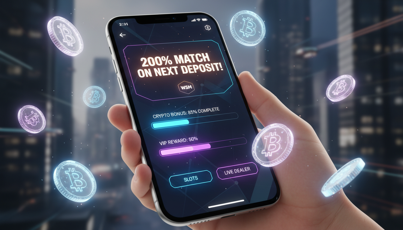 Professional digital interface showing cryptocurrency casino bonus progress