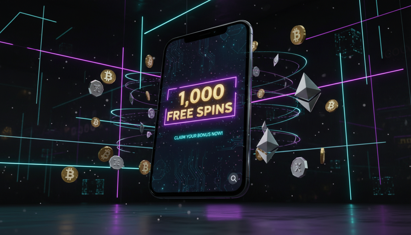 A high-quality 3D visualization of a digital casino bonus interface featuring 1000 free spins and crypto coins